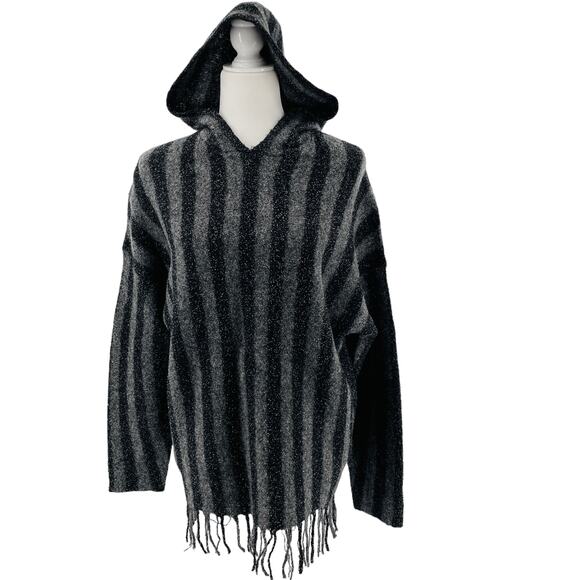 T by Alexander Wang Gray Stripe Hooded Fringe Designer Pullover Sweater Size XS - Picture 1 of 12